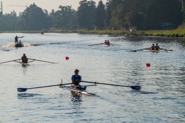 Brandys Nad Labem, Çekya - 11 Eylül 2016: Labe (Elbe) nehri üzerinde, Brandys nad Labem, Çekya'da gençler kürek yarışı
