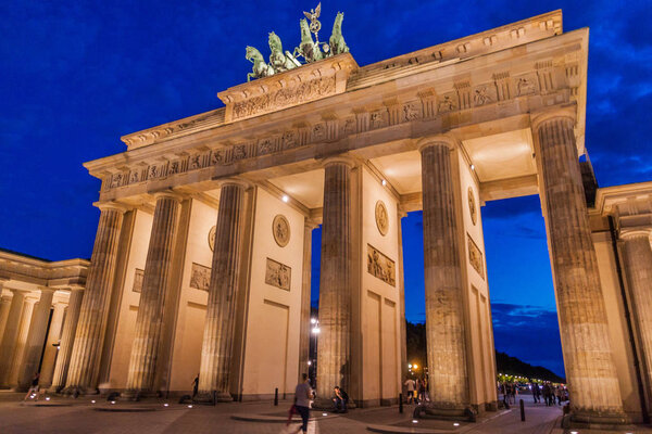 BERLIN, GERMANY - JULY 23, 2017: Dusk at the Brandenburger Tor (Brandenburg Gate) in Berlin.