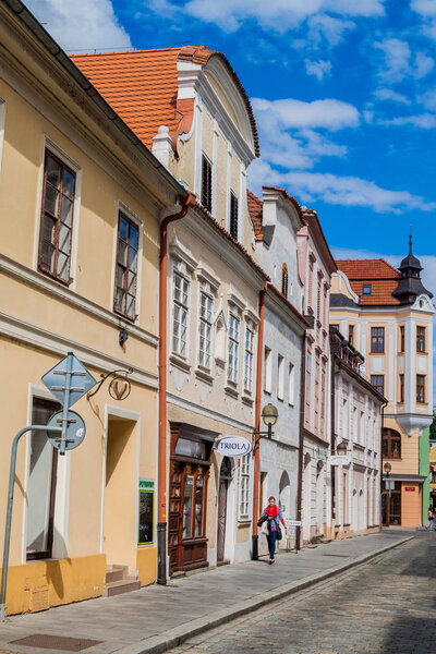 CESKE BUDEJOVICE, CZECH REPUBLIC - JUNE 14, 2016: Cobbled street in Ceske Budejovice, Czech Republic