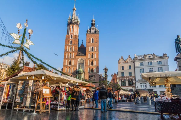 Krakow Poland December 2017 Christmas Market Stalls Medieval Square Rynek — Stock Photo, Image