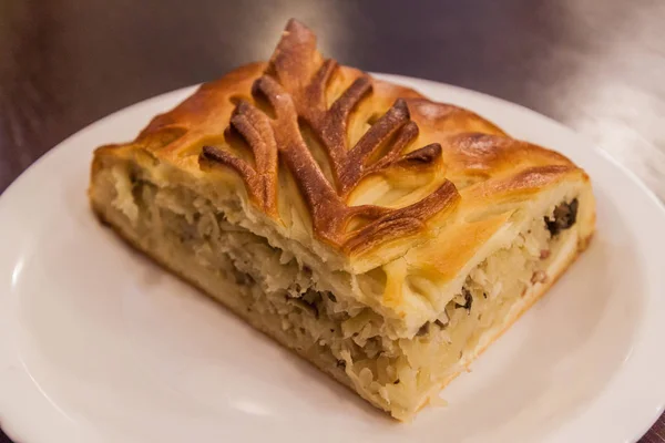 Stück Piroschki Pirog Torte Einem Restaurant Minsk Weißrussland — Stockfoto