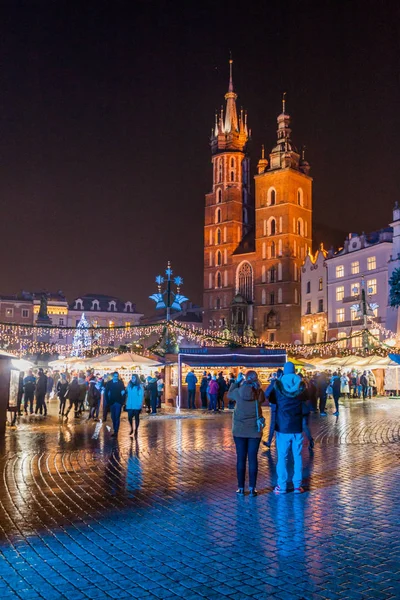Krakov Polsko Prosinec 2017 Stánky Vánočními Trhy Středověkém Náměstí Rynek — Stock fotografie