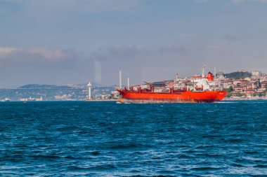 İstanbul, Türkiye - 1 Mayıs 2017: Sukran S kargo gemisi İstanbul Boğazı'nda