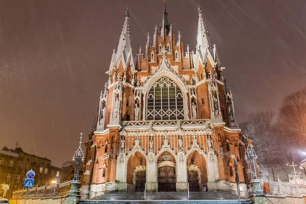 Nacht Besneeuwd Uitzicht Joseph Church Krakau Polen — Stockfoto