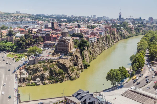 Uitzicht Vanuit Lucht Rivier Mtkvari Oude Binnenstad Van Tbilisi Georgië — Stockfoto