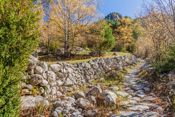 Hiking trail in Madriu-Perafita-Claror valley in Pyrenees mountains, Andorra