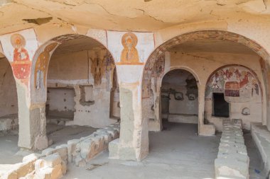 DAVIT GAREJA, GEORGIA - JULY 16, 2017: Cave refectory of Udabno cave monastery at Davit Gareja monastic complex in Georgia clipart