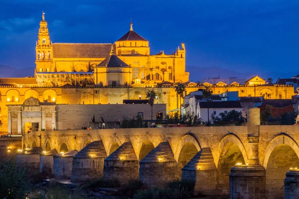 スペイン コルドバのモスク 大聖堂とローマ橋の夕景 — ストック写真