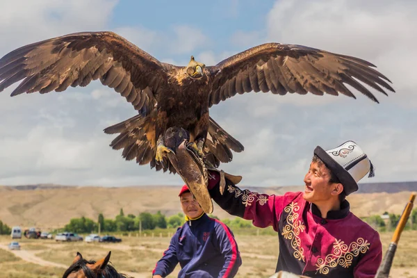 ISSYK KUL, KYRGYZSTAN - 15 Temmuz 2018: Kırgızistan 'daki Issyk Kul Gölü kıyısındaki Teskey Jeek Etnofestivali' nde kartalı olan yerel adam