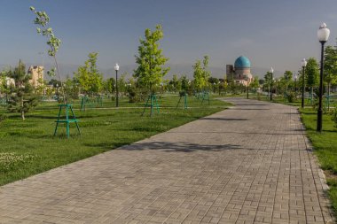 Arka planda Kok Gumbaz camii olan Shahrisabz 'a park et, Özbekistan