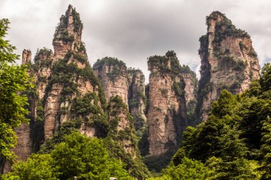 Çin 'in Hunan eyaletindeki Zhangjiajie Ulusal Orman Parkı' nın kayalıkları.