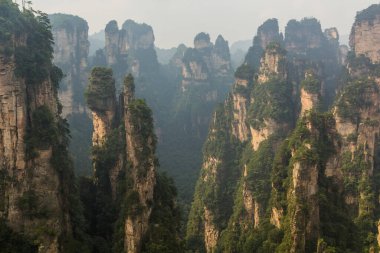 Çin 'in Hunan eyaletindeki Zhangjiajie Ulusal Orman Parkı' ndaki Wulingyuan Sahnesi ve Tarihi İlgi Alanı 'ndaki kumtaşı sütunları.