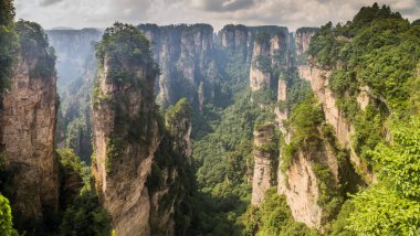 Çin 'in Hunan eyaletindeki Zhangjiajie Ulusal Orman Parkı' ndaki Wulingyuan Manzarası ve Tarihi İlgi Alanı 'ndaki Kum Taşı sütunları