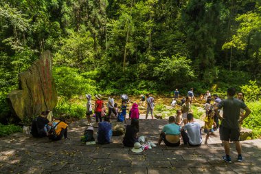 ZHANGJIAJIE, ÇİN - 8 AĞUSTOS 2018: Zhangjiajie Ulusal Orman Parkı ziyaretçileri Çin 'in Hunan bölgesindeki Altın Kamçı akıntısının keyfini çıkarıyorlar