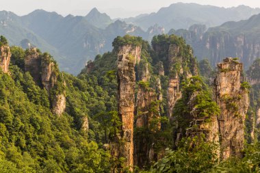 Çin 'in Hunan eyaletindeki Zhangjiajie Ulusal Orman Parkı' ndaki Wulingyuan Manzarası ve Tarihi İlgi Alanı 'ndaki kaya sütunları