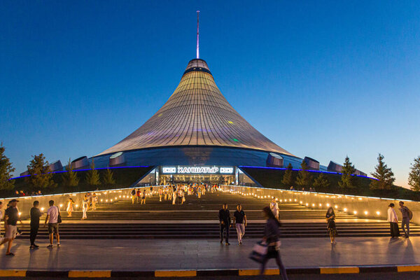 ASTANA, KAZAKHSTAN - JULY 8, 2018: Evening view of Khan Shatyr Entertainment Center in Astana (now Nur-Sultan), capital of Kazakhstan.