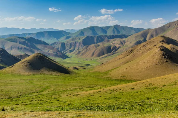 キルギスSong Kul湖近くの山の緑の牧草地 — ストック写真