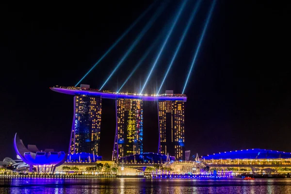 Cingapore Cingapore Março 2018 Vista Noturna Show Laser Edifício Marina — Fotografia de Stock