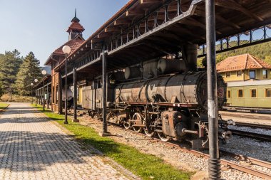 Sarganska Osmica 'daki Sargan Vitasi tren istasyonundaki (Sargan 8) buhar makinası dar kalibreli miras demiryolu, Sırbistan
