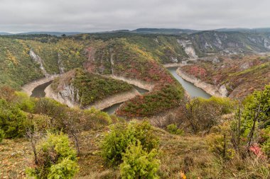 Sırbistan 'ın Sjenica kenti yakınlarındaki Uvac nehir kanyonunun sonbahar manzarası