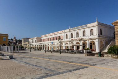 ZAKYNTHOS, GREECE - AUGUST 9, 2021: Public Historical Library on Dionysios Solomos square in Zakynthos, Greece