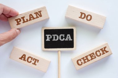 El malzeme çekme ahşap oyuncak kelimelerle Pdca, Plan,, onay ve beyaz arka plan, iş kavramı üzerinde hareket 