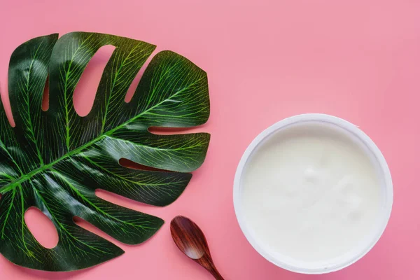 yoğurt doğal lezzet, tahta kaşık ve pastel renk arka plan üzerinde yeşil palmiye yaprağı ile 