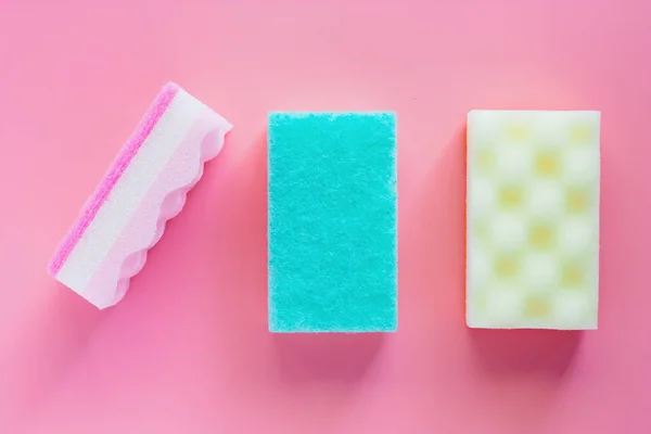 Scrub Sponges Pink Background Kitchen Cleaning — Stock Photo, Image