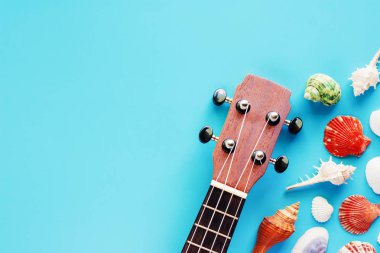 Müzik aleti, Hobiler, seyahat ve dinlenme konsepti için mavi arka plan üzerinde ukulele ve deniz kabukları