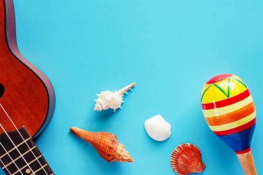 Müzik aleti, Hobiler, seyahat ve dinlenme konsepti için mavi arka plan üzerinde ukulele, marakas ve deniz kabukları