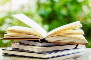 Doğal yeşil arka plan bulanık eğitim kavramı için karşı açılan kitap yığını