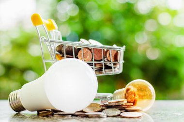 Mini alışveriş sepeti veya led lamba ve karşı parlayan ampul ile arabası para sikke dolu ekonomi, enerji ve çevre kavramı kaydetmek için doğal yeşil arka plan bulanık