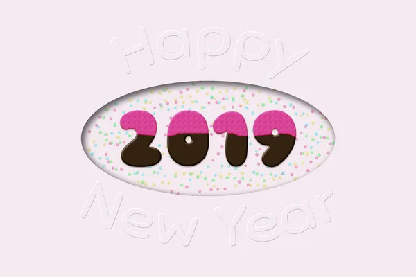 Year 2019 with glazed chocolate text effect and Happy New Year words on white paper cutout for holidays and food concept