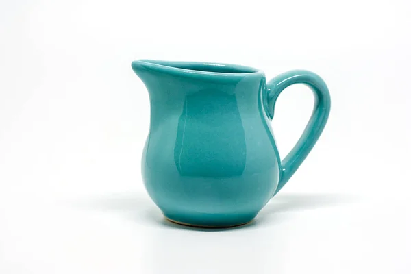 Green Small Ceramic Pitcher White Background Utensil Dishware Concept — Stock Photo, Image