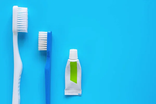 Toothbrush Toothpaste Used Cleaning Teeth Blue Background Dental Care Concept — Stock Photo, Image