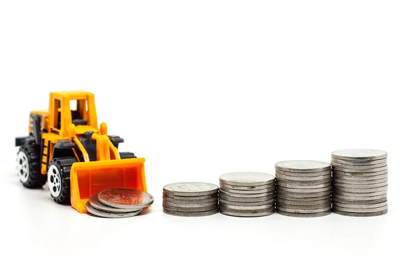 Yellow Toy Bulldozer Pile Coins White Background Saving Money Investment Stock Image