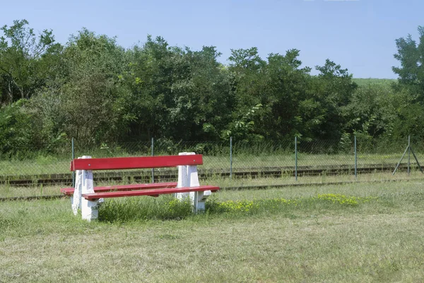 Kırmızı tezgah ve Doğu Avrupa, Macaristan için kırsal tren istasyonunda sarı çiçekler