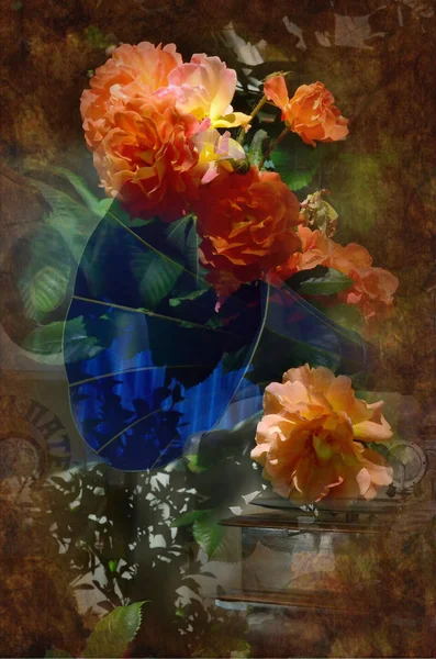 Photo still life, roses and gramophone in the interior.