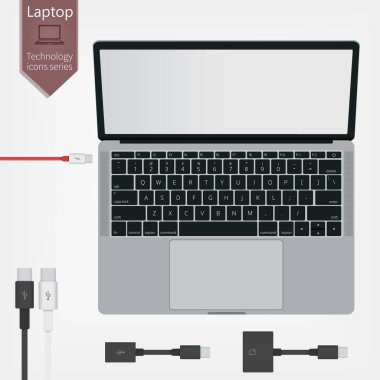 Beyaz arka plan üzerinde izole Usb C Tipi konnektör ile modern dizüstü üstten görünüm.