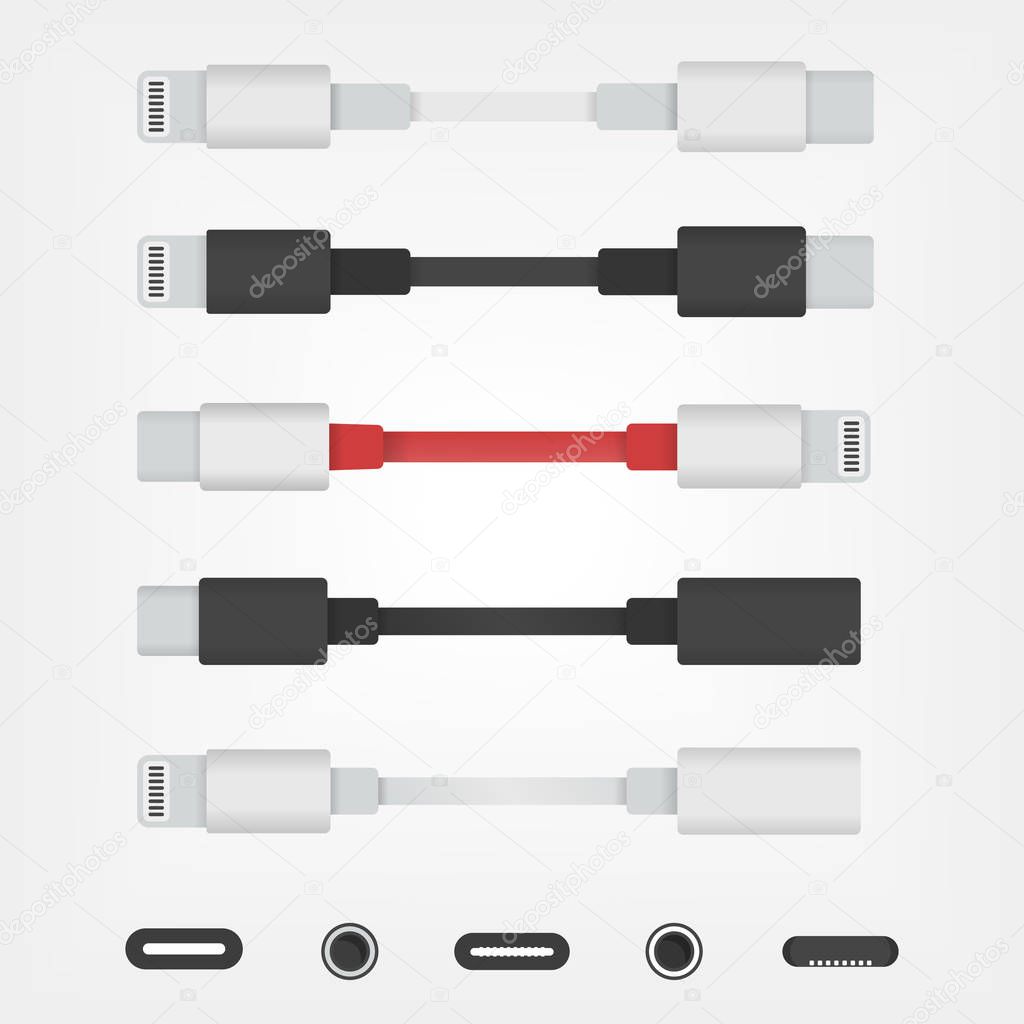 USB-C to Lightning Cable adapters connectors and sockets vector