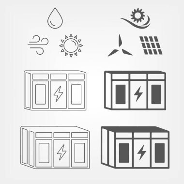 Yenilenebilir enerji santralleri için enerji deposu. Yenilenebilir enerji kaynakları simgeleriyle ağ yedekleme sistemi imzası