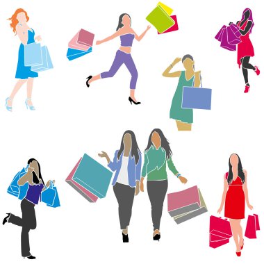 Vektör çizimler paketleri ile moda kız kümesi. Alışveriş, satış ve neşe getiren hediyeler,