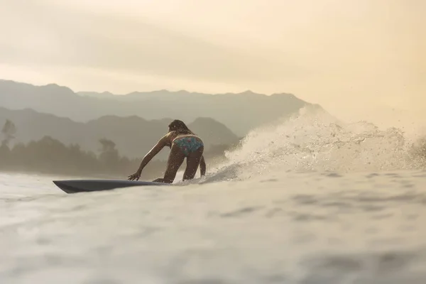 Indonesië Sumatra Vrouwelijke Surfer Het Avondlicht — Stockfoto