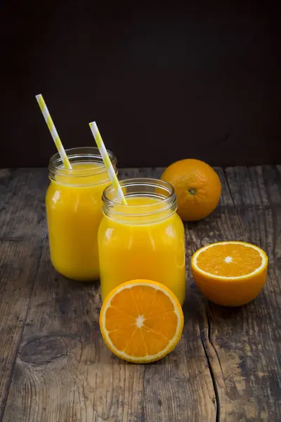 Freshly Squeezed Orange Juice Jars Straws — Stock Photo, Image