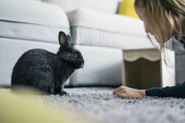 Mädchen Mit Kaninchen Wohnzimmer — Stockfoto