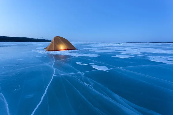 Russia Amur Oblast Illuminated Tent Frozen Zeya River Blue Hour — Stock Photo, Image