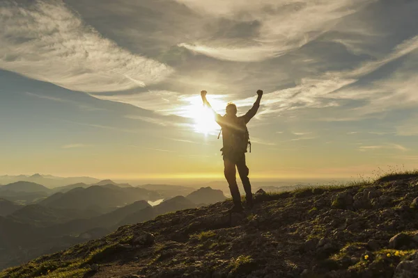 Avusturya Salzkammergut Hiker Zirveye Ulaşıyor Kollarını Kaldırıyor Tezahürat Yapıyor — Stok fotoğraf