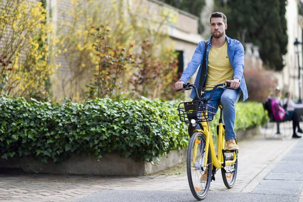 Young Man Riding Rental Bike City — Stock Photo, Image