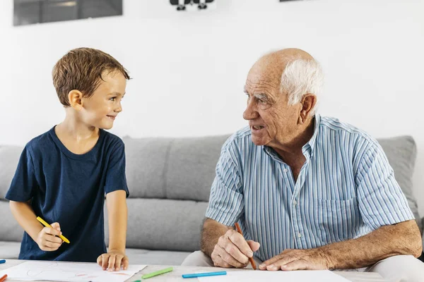 Grandfather Grandson Drawing Together Coloured Pencils Home — Stock Photo, Image