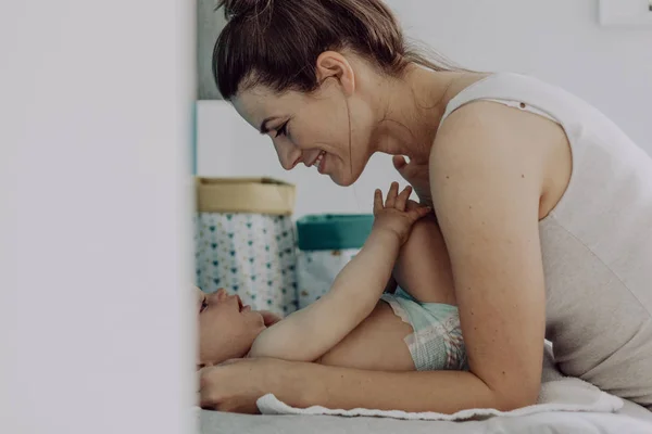 Mother Changing Diapers Baby Son — Stock Photo, Image